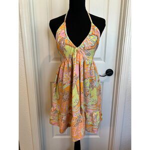Roxy Halter Mini Dress Smocked Back Beach Resortwear Vacation-Ready Sz M